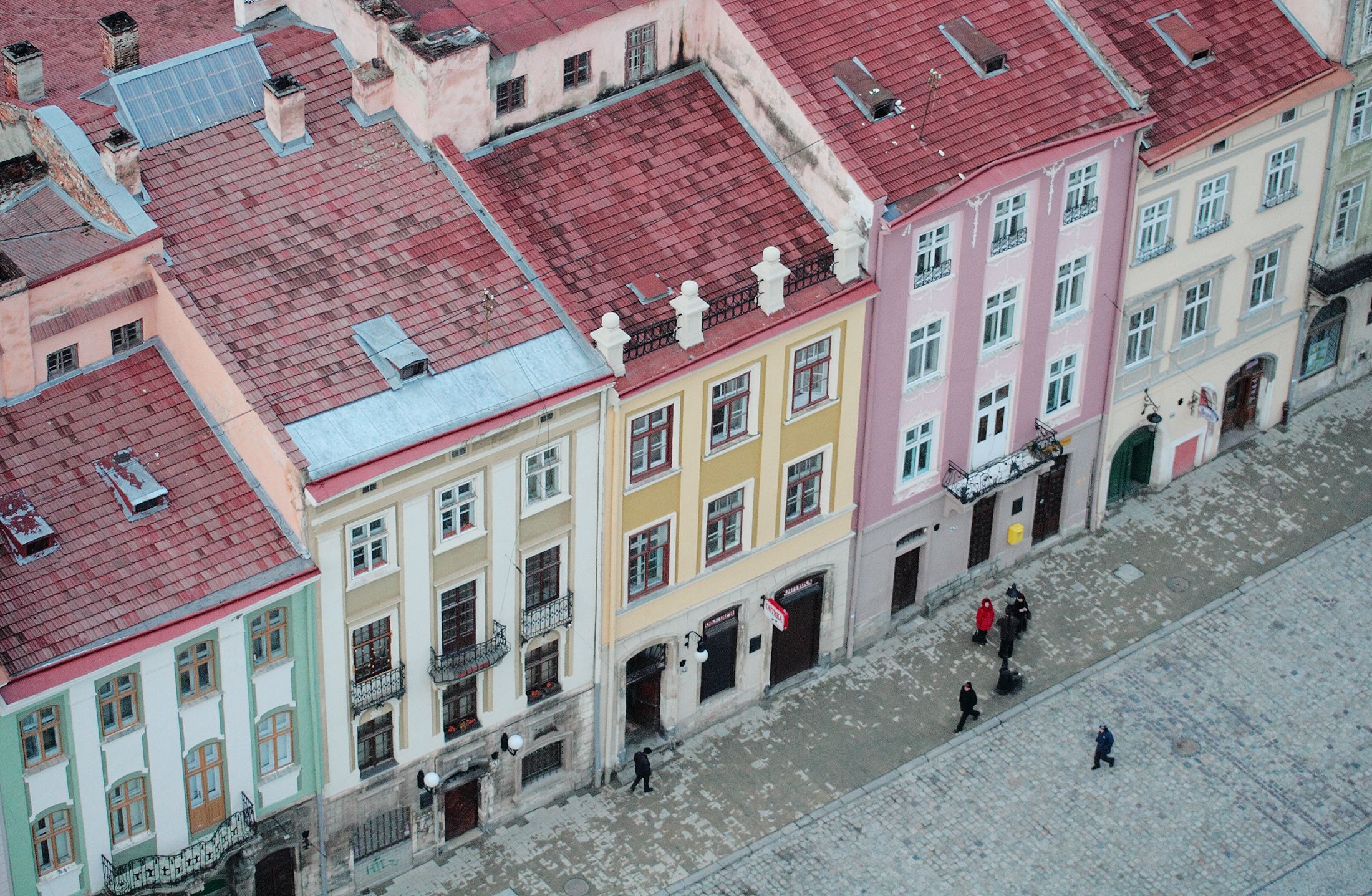 View of town square area of L'viv from bell tower observation platform at city hall